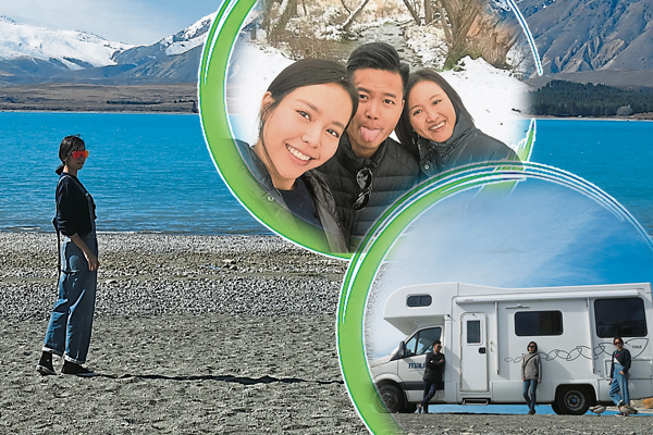 林绿与家人在前往Lake Wanaka的路途中更遇上下雪,三个还跑到雪地去玩乐一番。