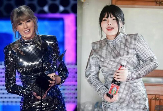 我用锡纸和酱油瓶做成衣服,模仿美国歌手Taylor Swift。