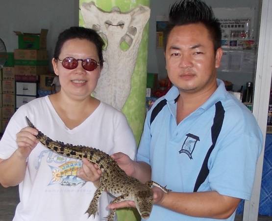 鳄鱼世家第三代传人黄秀霞（左），时常要向游客讲解鳄鱼各种知识。