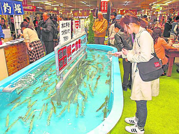 日本函馆传统朝市可以让食客现钓墨鱼，在另一边还有厨师即场为你用墨鱼做料理，几乎每位食客吃后都高呼“好吃”！