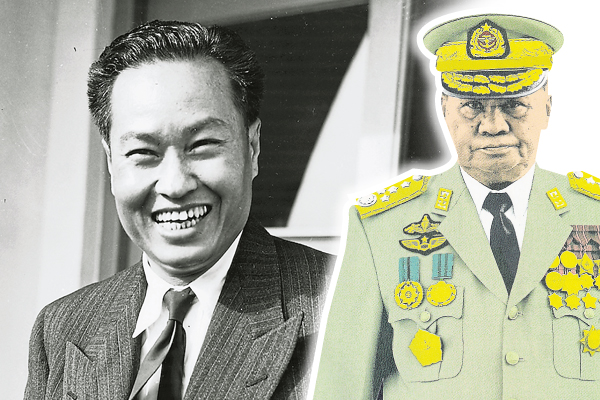 奈温（左，1962年至1988年掌权），丹瑞（1992至2011年在位），为唤起缅族尚武的昔日盛世而尽心尽力。