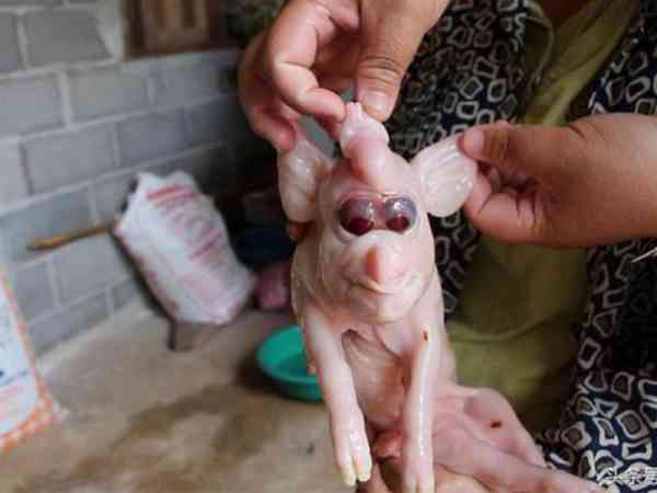 这只畸型小猪崽，头顶有肉瘤，有一对血色大眼睛，两只耳朵很大，村民说是幸运使者。