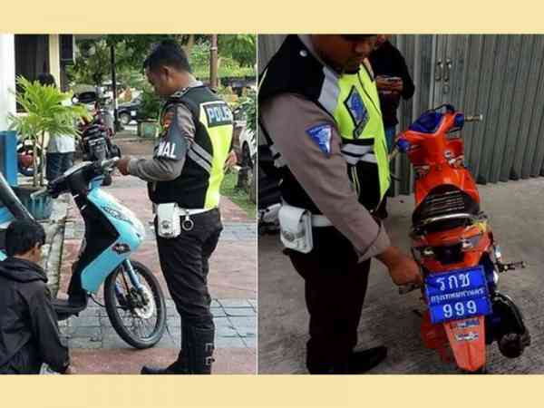 印尼年轻人超狂违例，不止换成泰国摩哆车牌，更不戴头盔，立刻被交警拦下训斥并开罚单。