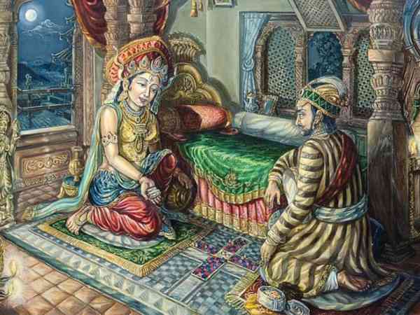 尼泊尔拉国王与女神玩骰子游戏图。