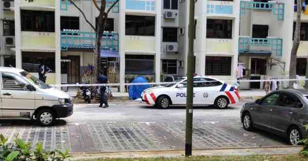 这起家庭悲剧发生在大巴窑东第26座组屋,警方到场封锁现场调查。