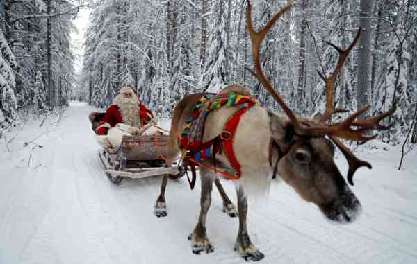 图为圣诞老人与他的驯鹿，圣诞老人一天都要在冰天雪地的林间驾驶雪橇无数次。
