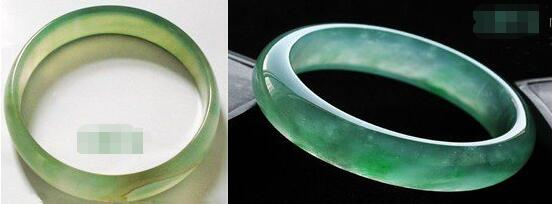 （左：替代品）绿色加州玉手镯 （右：真品）晴水绿玻璃种翡翠手镯
