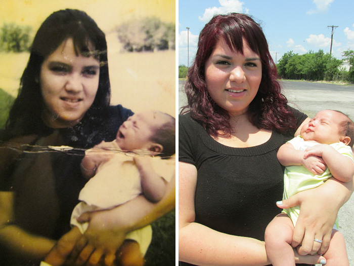 左图是她的妈妈跟刚出生的哥哥，右图是她跟她刚出生的孩子。 