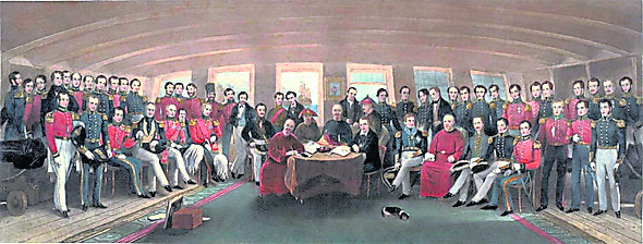  1840年，英国发起鸦片战争，清廷投降。1842年香港割让予英国。图为1842年8月29日中方代表和英国全权大臣在英国军舰“康华利”上签署了《南京条约》，从此打开了华人下南洋的大门。