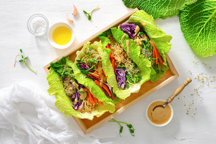 Vegan detox spring rolls with quinoa, sprouts and Thai peanut sauce