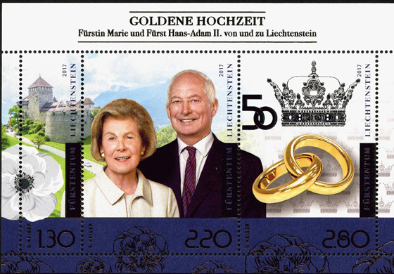 在弗朗茨·约瑟夫二世的治下，列支敦士登发展为“世界集邮中心”，图为汉斯·亚当二世夫妇金婚紀念邮票。