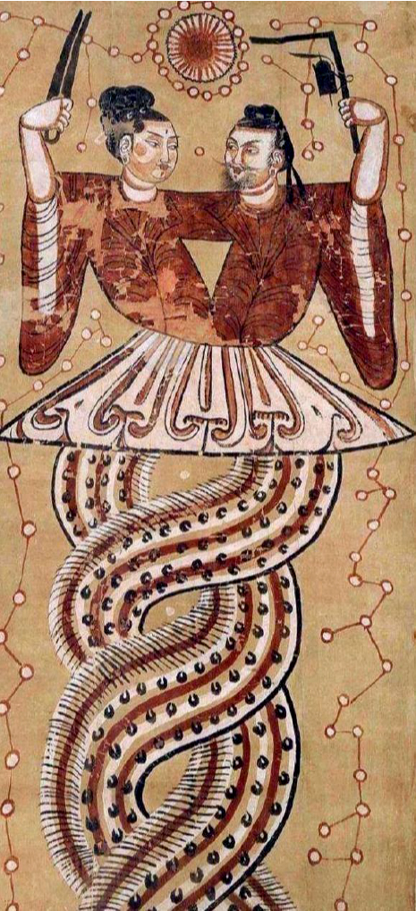 中国古代伏羲女娲图,女娲手持规,伏羲手持矩,代表天地方圆。