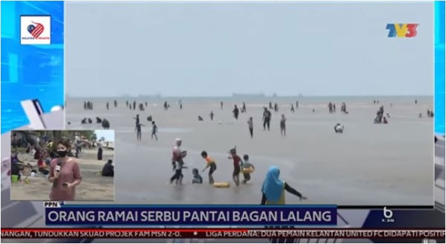 电视台报导画面显示，大量游客聚集在雪邦峇眼拉浪海滩。