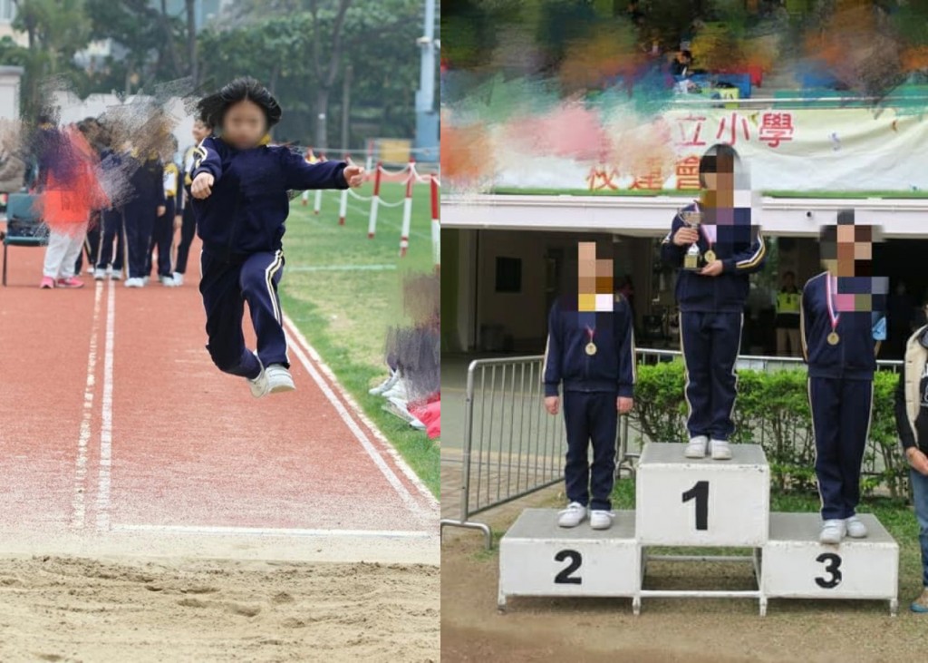 何美洁是一名运动健将，参加学校跳远比赛，并获得第一名。