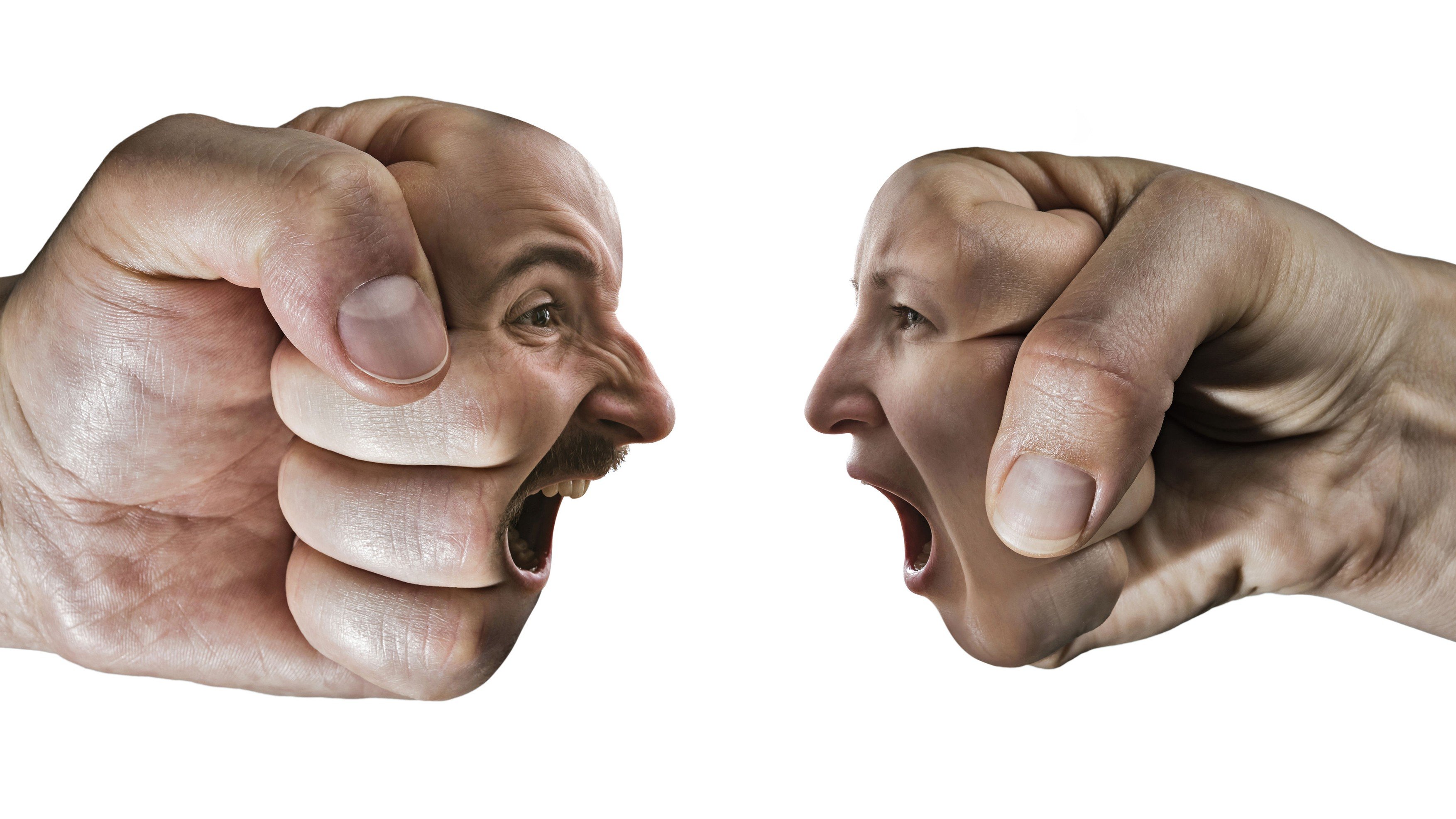 Two fists with a male and female face collide with each other on isolated, white background. Concept of confrontation, competition, family quarrel etc., Image: 370293315, License: Royalty-free, Restrictions: , Model Release: yes, Credit line: Profimedia, Stock Budget