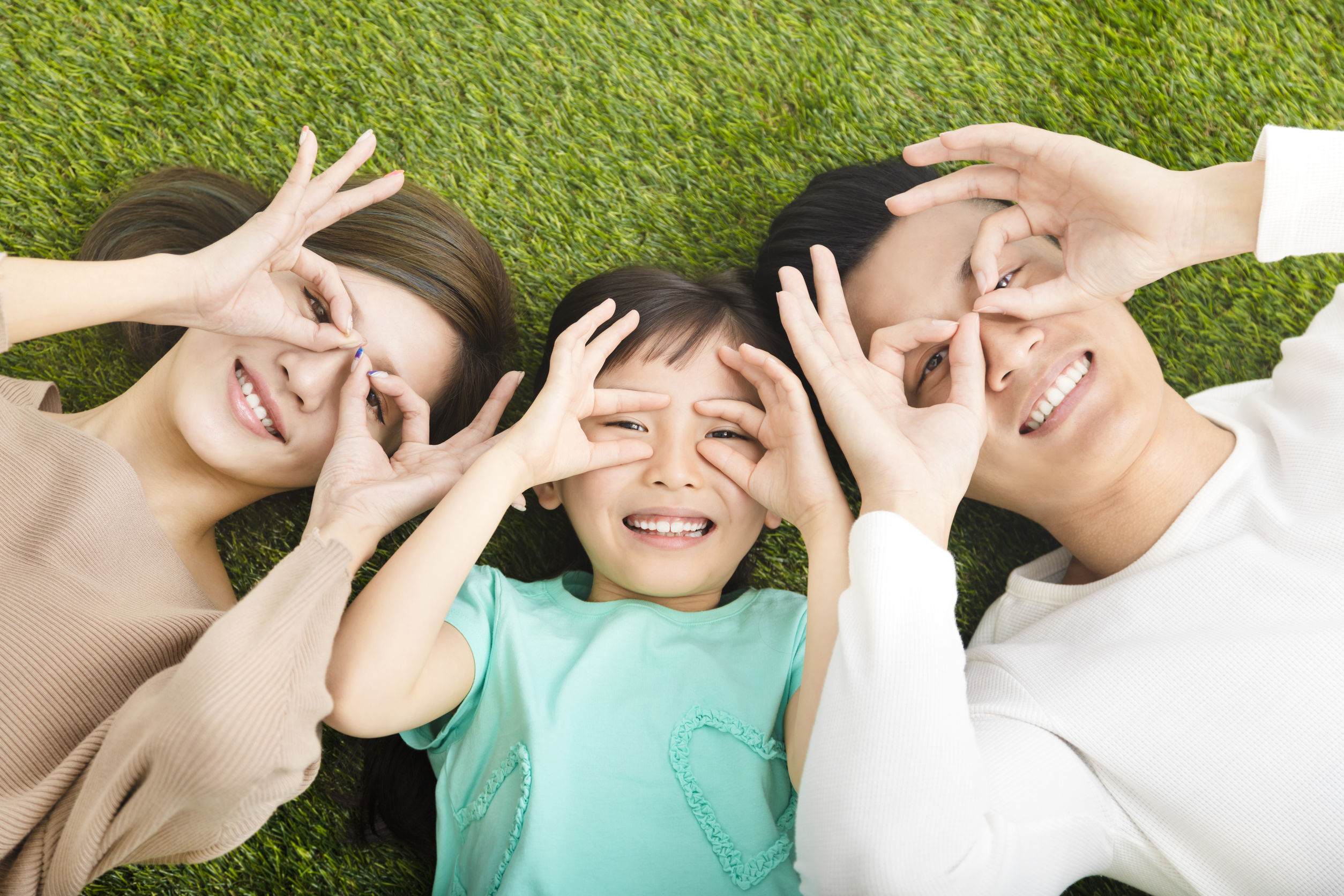 54131913 - top view of happy young family lying on the grass